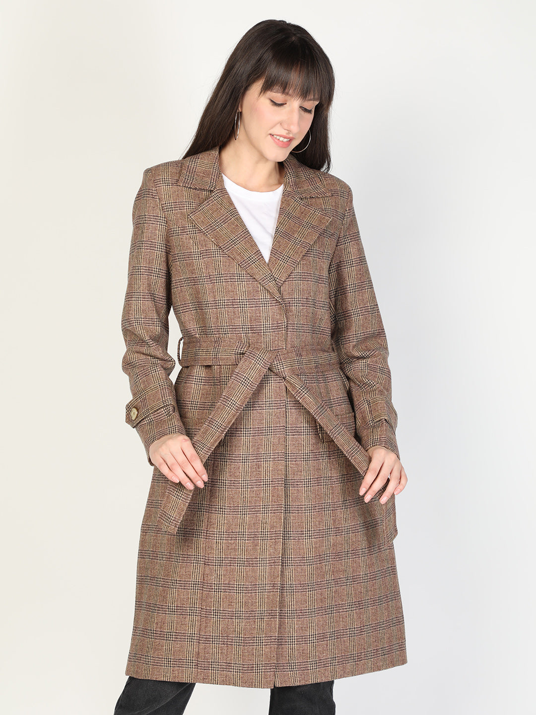 HONNETE Women Brown Checked Printed  OverCoats