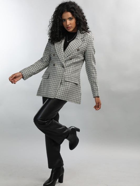 Honnete Winter Black Grey Check Double Breasted Coat for Women