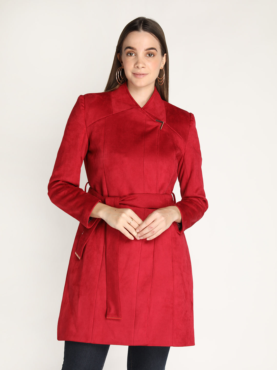 Honnete Stylish, Women Suede Winter Coat With Belt