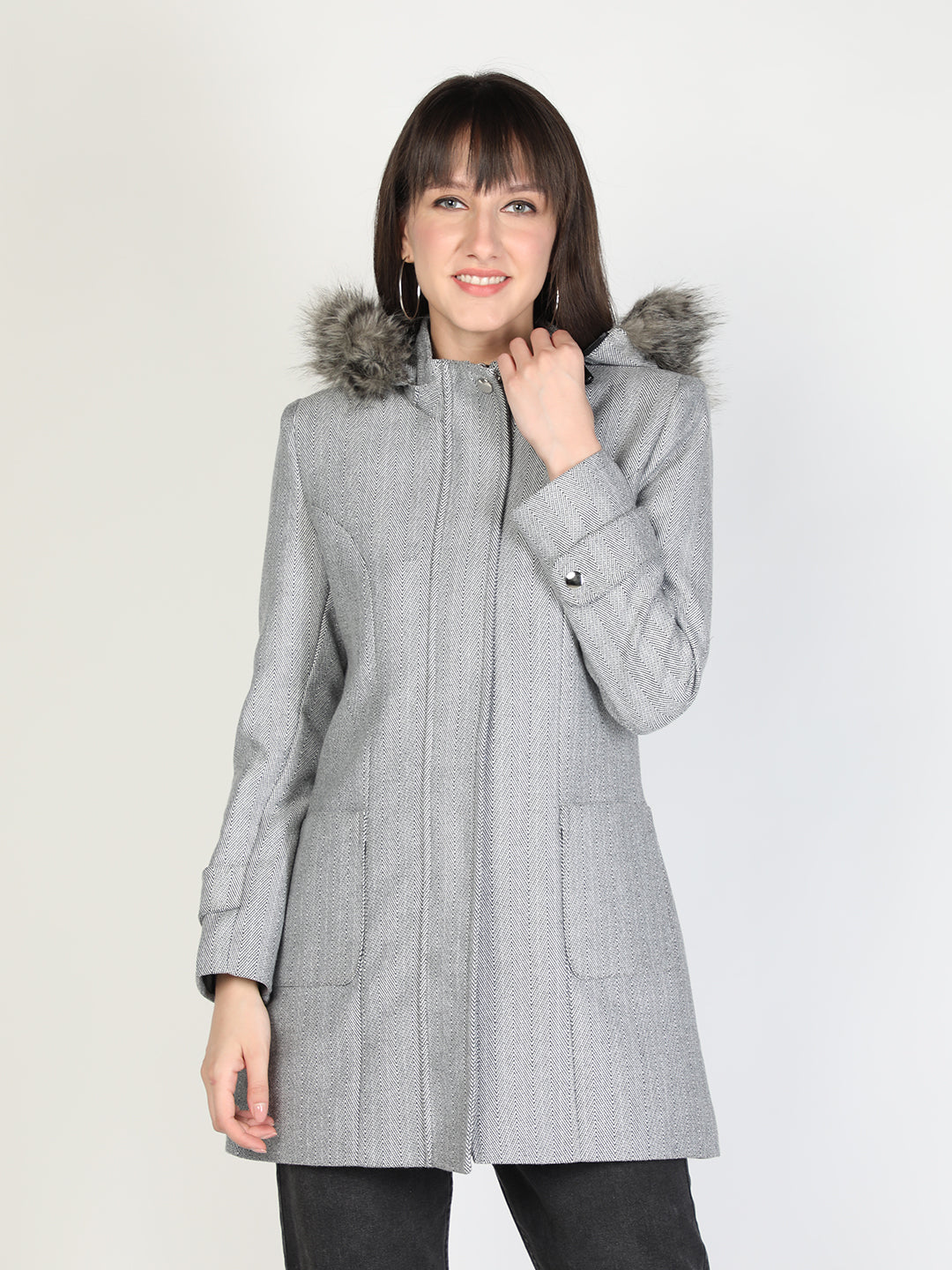 HONNETE Women Grey Self-Design Trench Coat