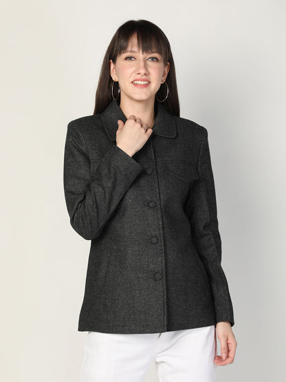 HONNETE Women Dark-Grey Textured Short Trench Coat