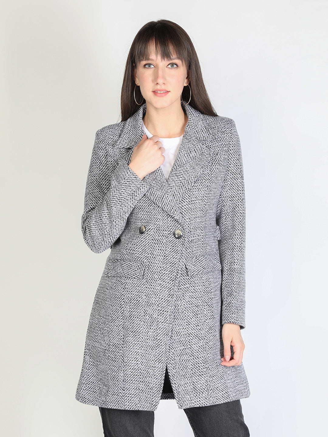 HONNETE Women Grey White Striped Trench Coats