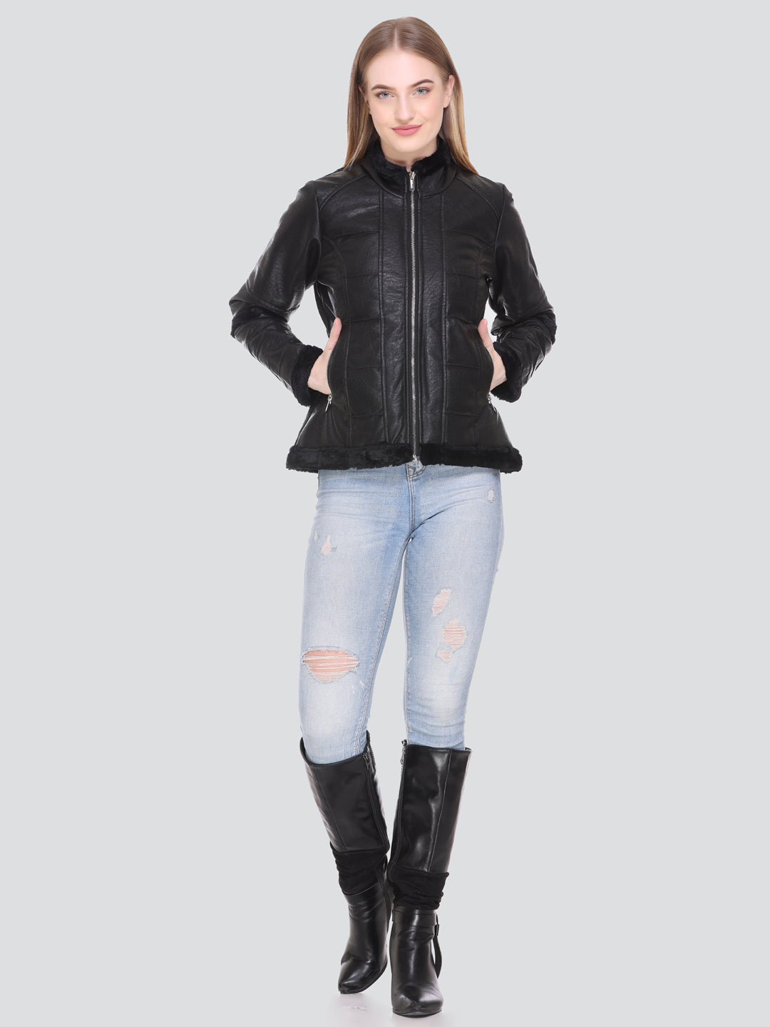 Women Winter Biker Pu Leather Zipper Jacket With Two Pockets With Sherpa Lining