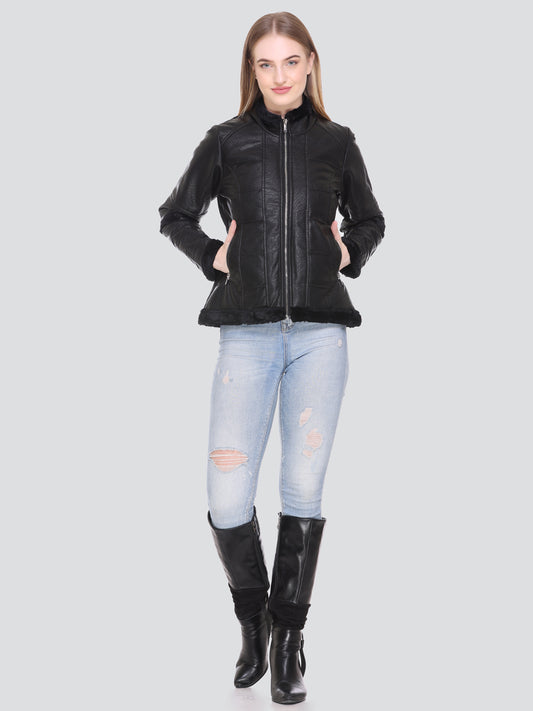 Women Winter Biker Pu Leather Zipper Jacket With Two Pockets With Sherpa Lining