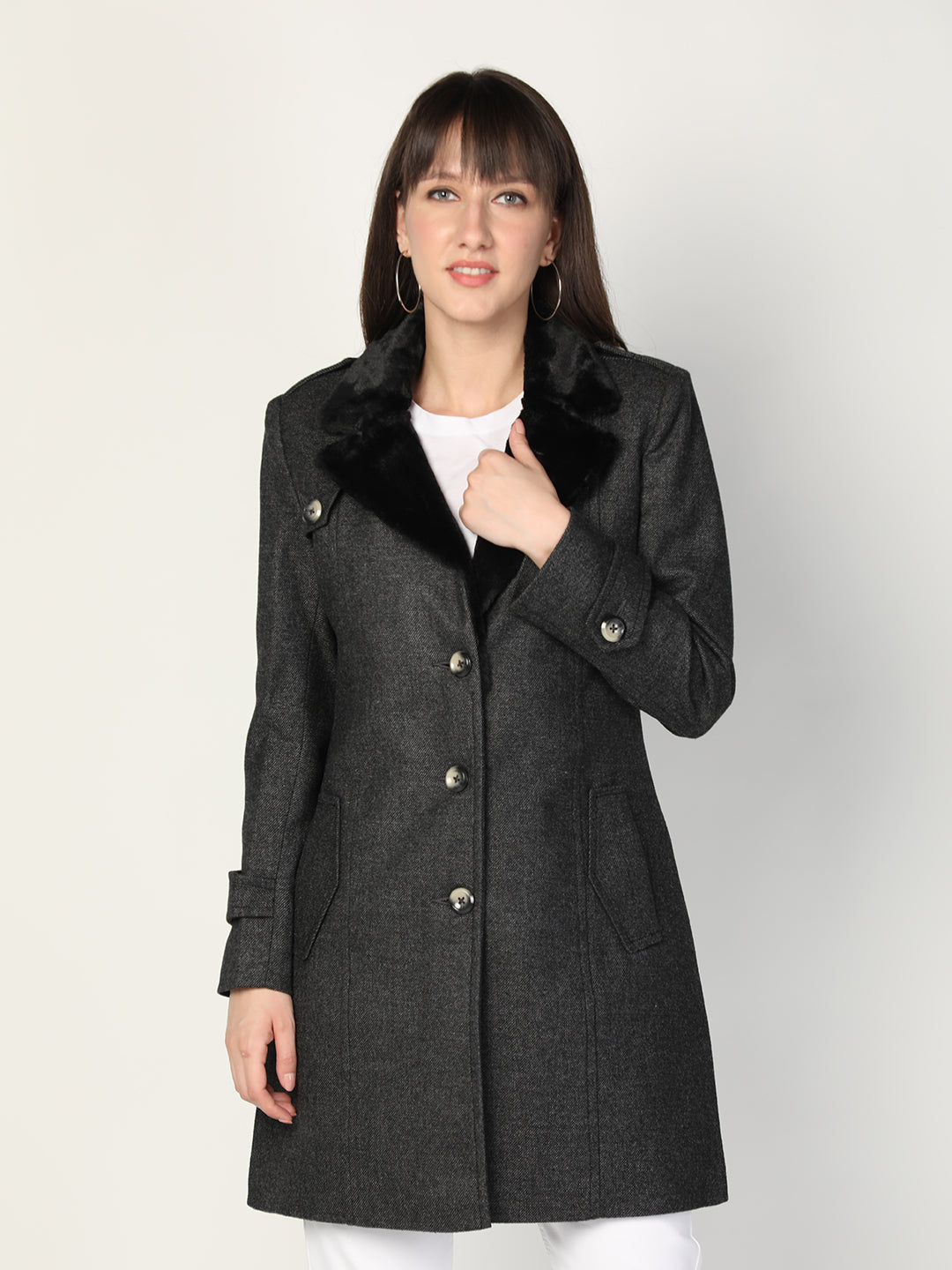 HONNETE Women Grey Trench Coat With Fur Collar