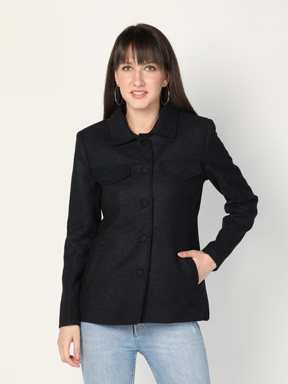 HONNETE Women Navy-Blue Textured Trench Coat