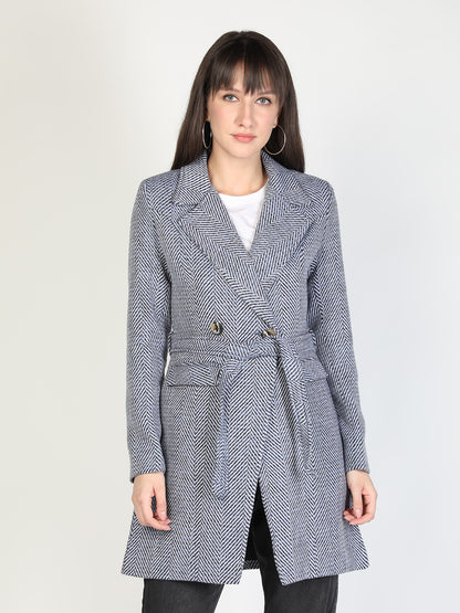 HONNETE Women Grey Striped Longline Coats