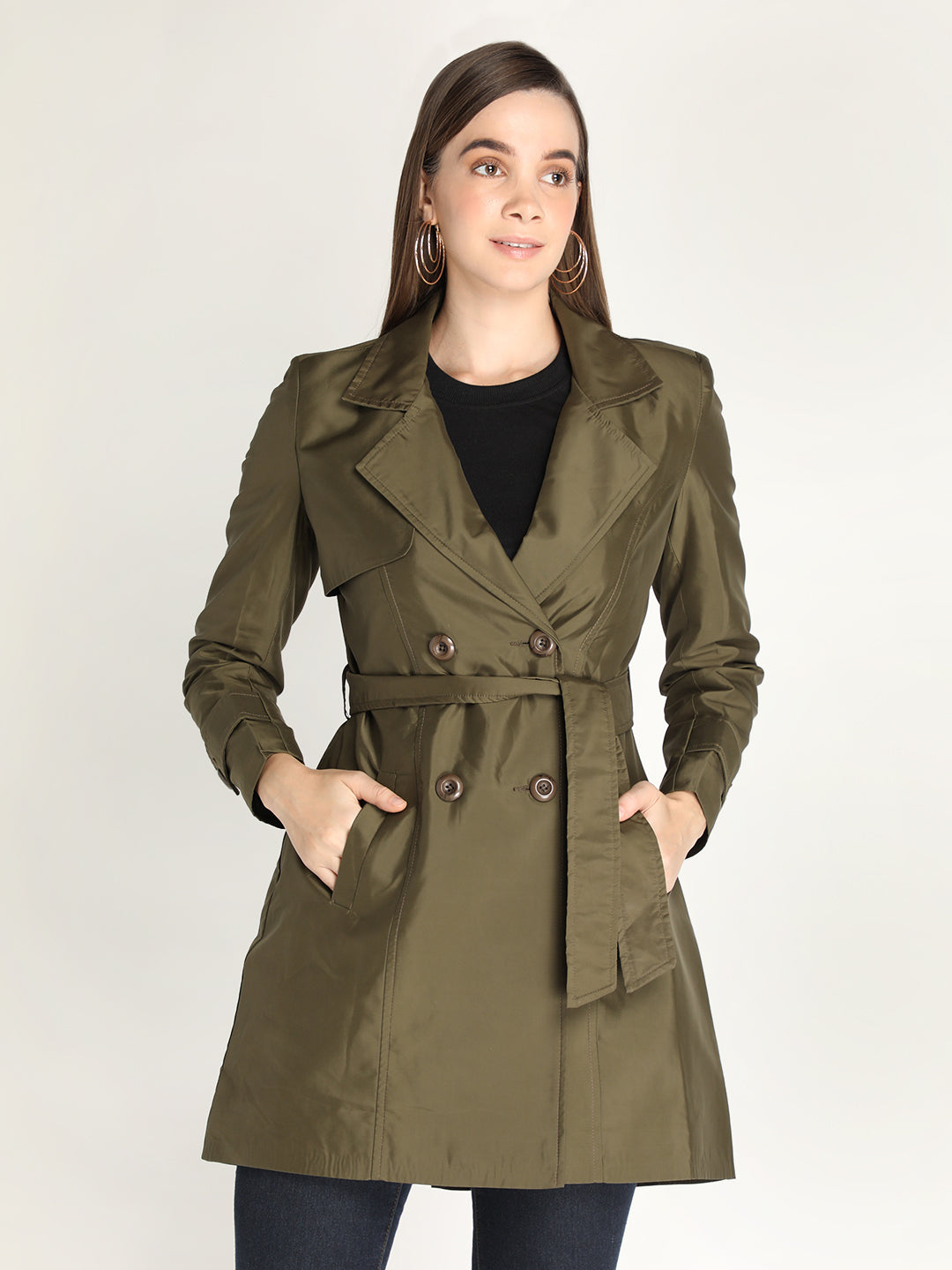 Honnete Stylish, Women Trench Winter Coat With Belt