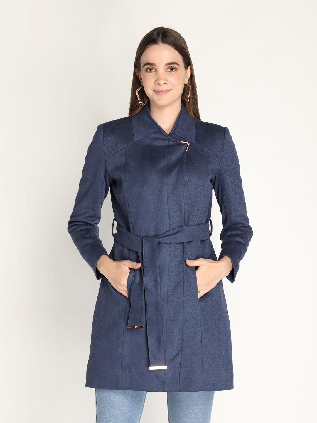 Honnete Stylish, Women Suede Winter Coat With Belt