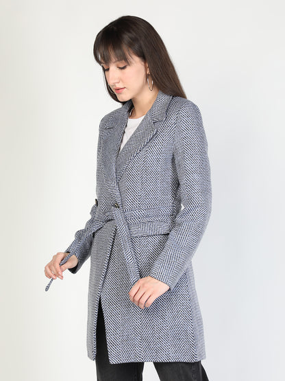 HONNETE Women Grey Striped Longline Coats