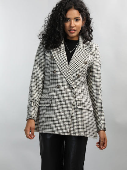 Honnete Winter Black Grey Check Double Breasted Coat for Women