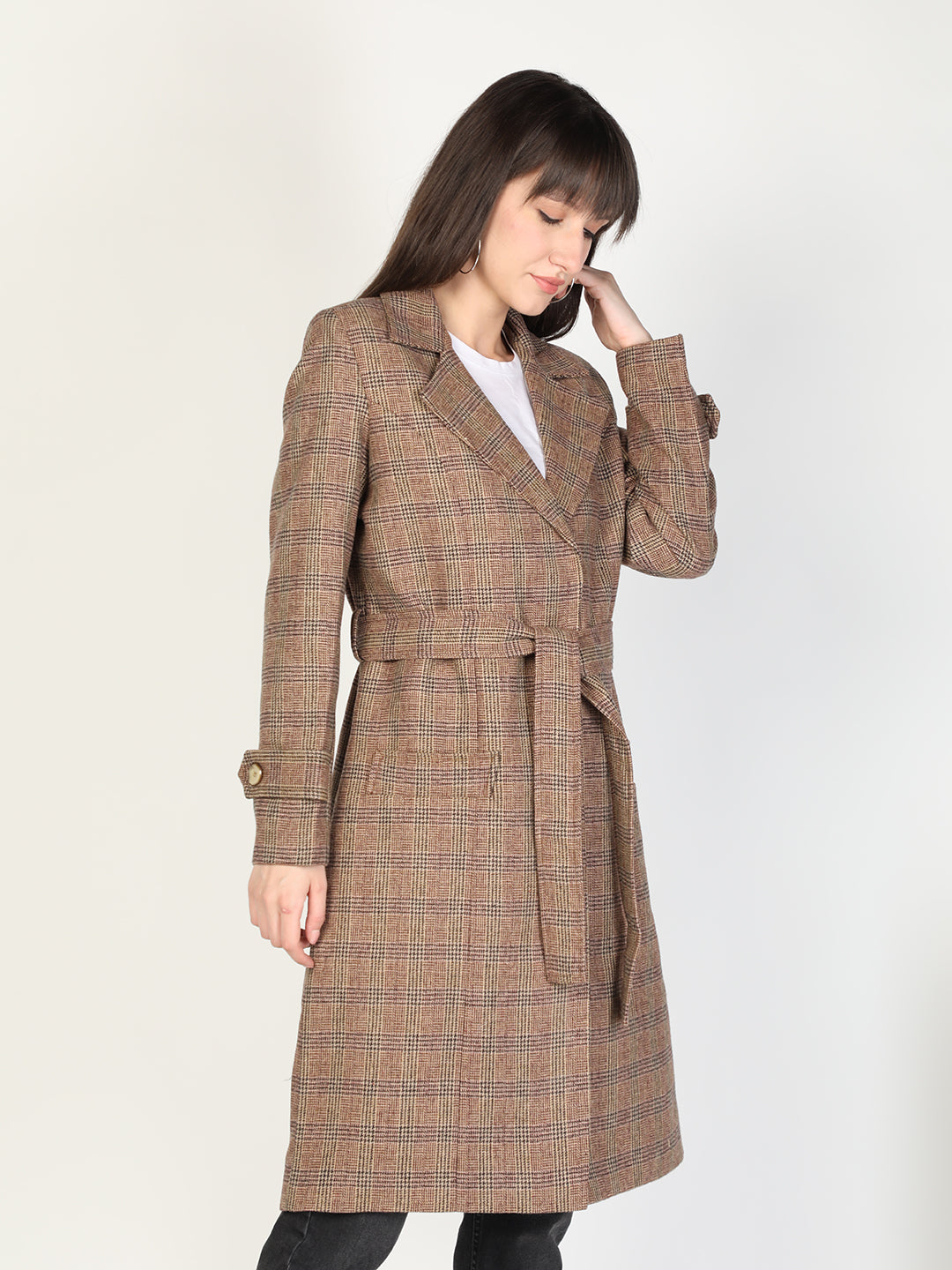 HONNETE Women Brown Checked Printed  OverCoats