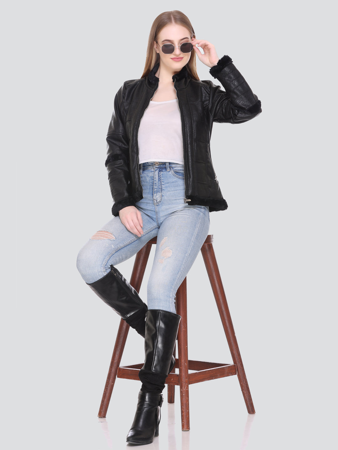 Women Winter Biker Pu Leather Zipper Jacket With Two Pockets With Sherpa Lining