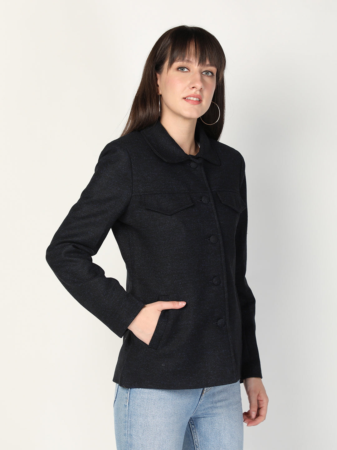 HONNETE Women Navy-Blue Textured Trench Coat