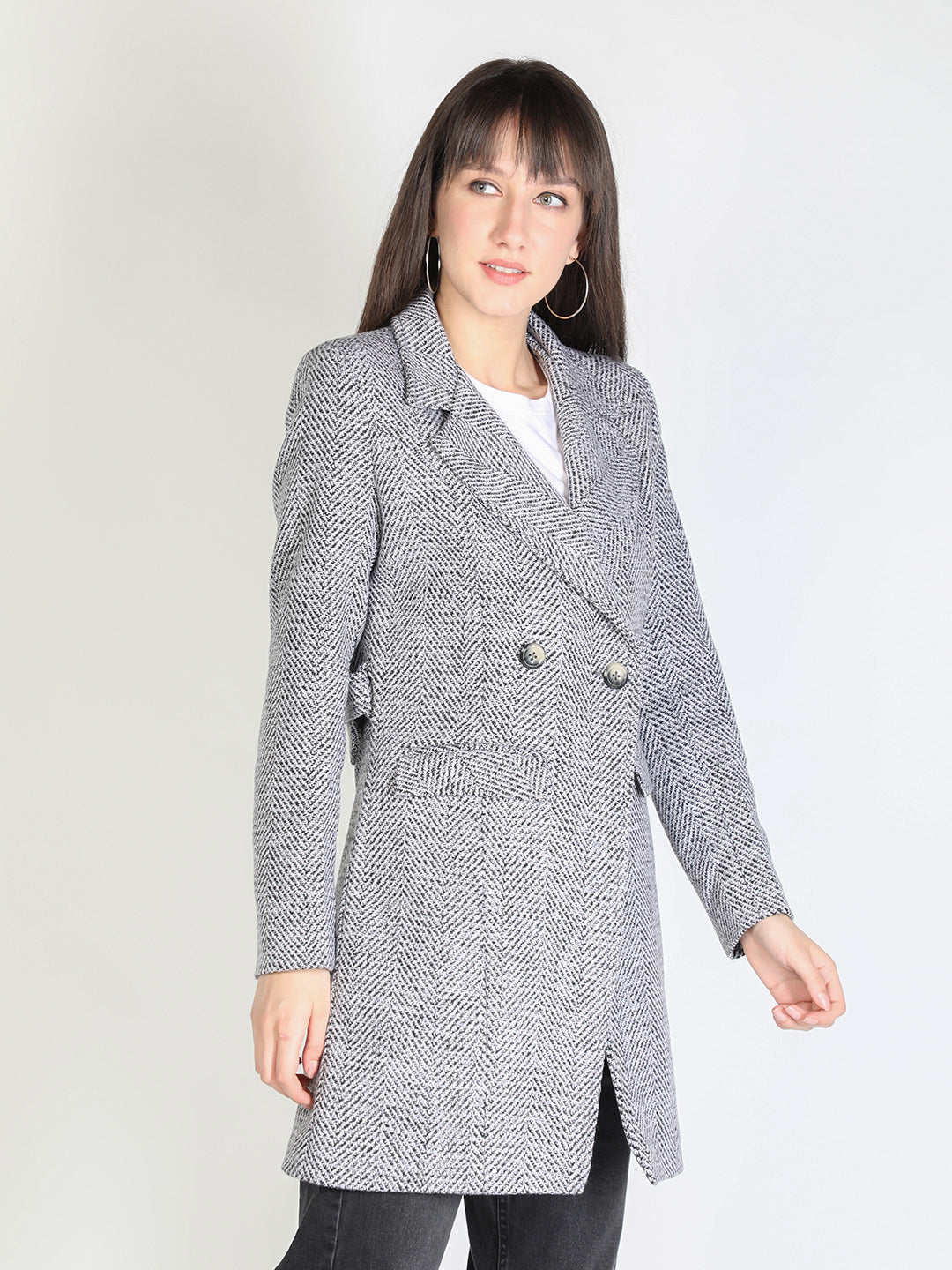 HONNETE Women Grey White Striped Trench Coats