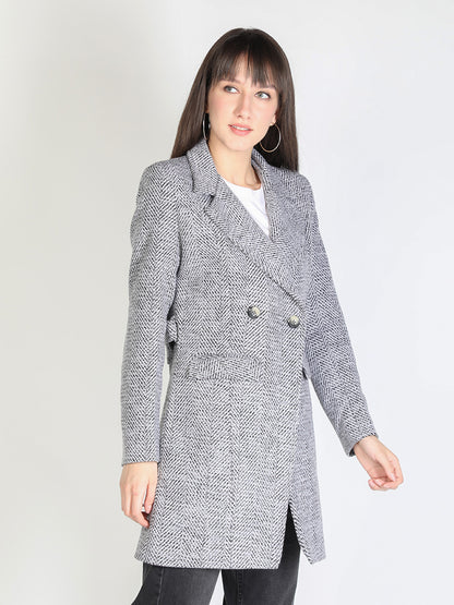 HONNETE Women Grey White Striped Trench Coats