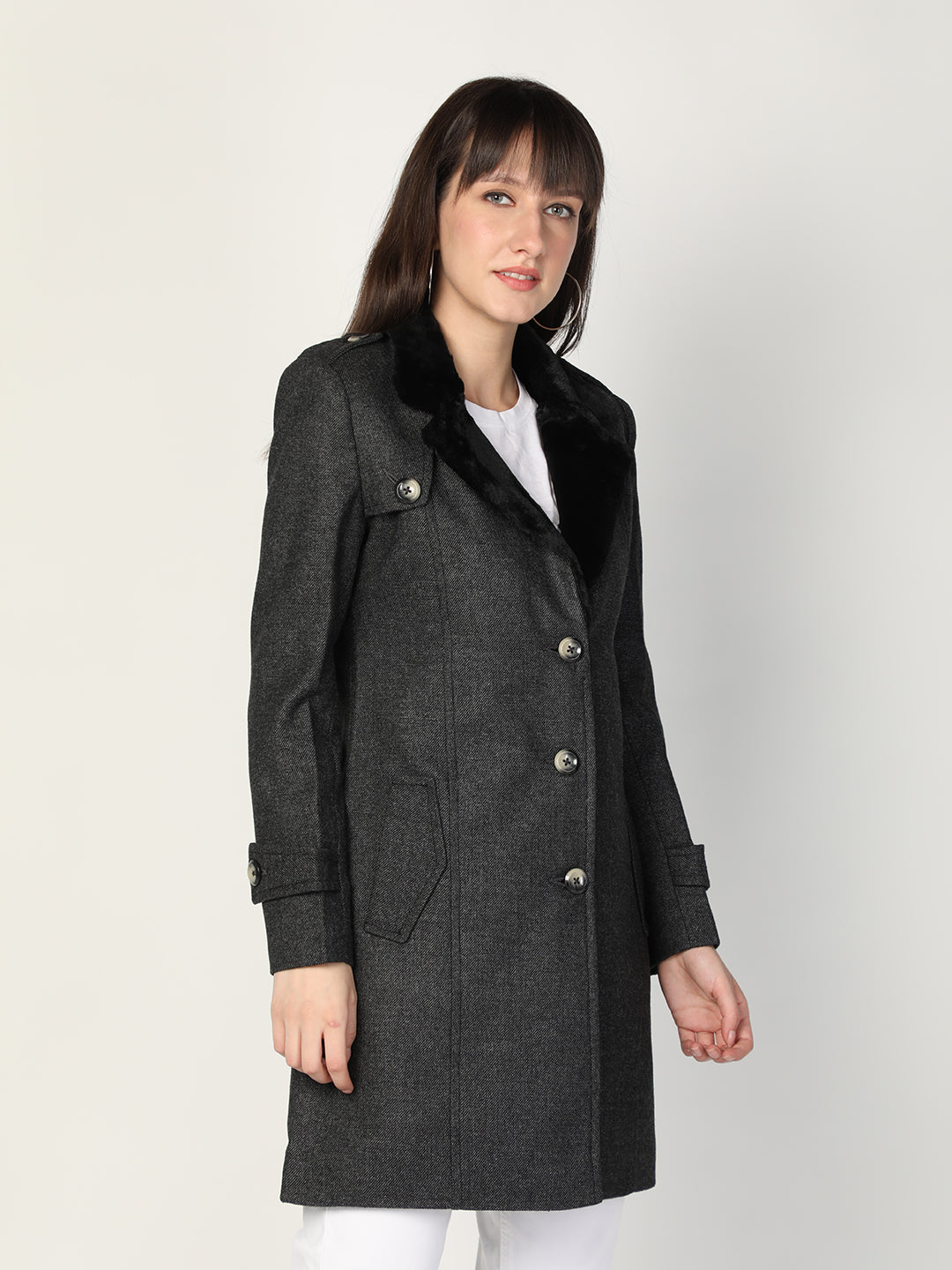 HONNETE Women Grey Trench Coat With Fur Collar