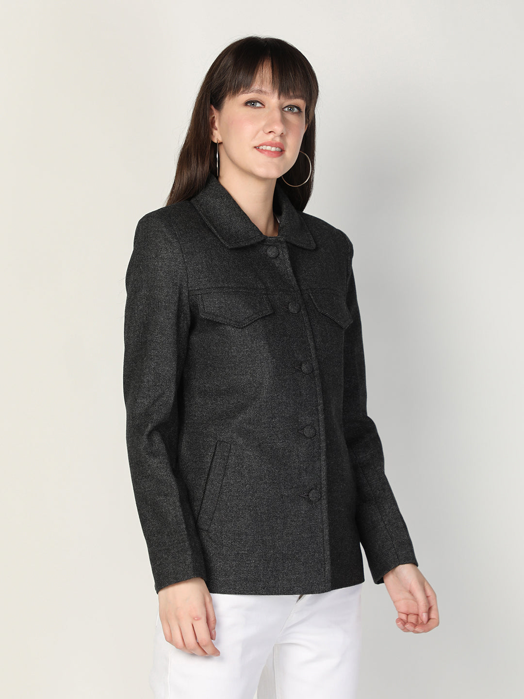 HONNETE Women Dark-Grey Textured Short Trench Coat