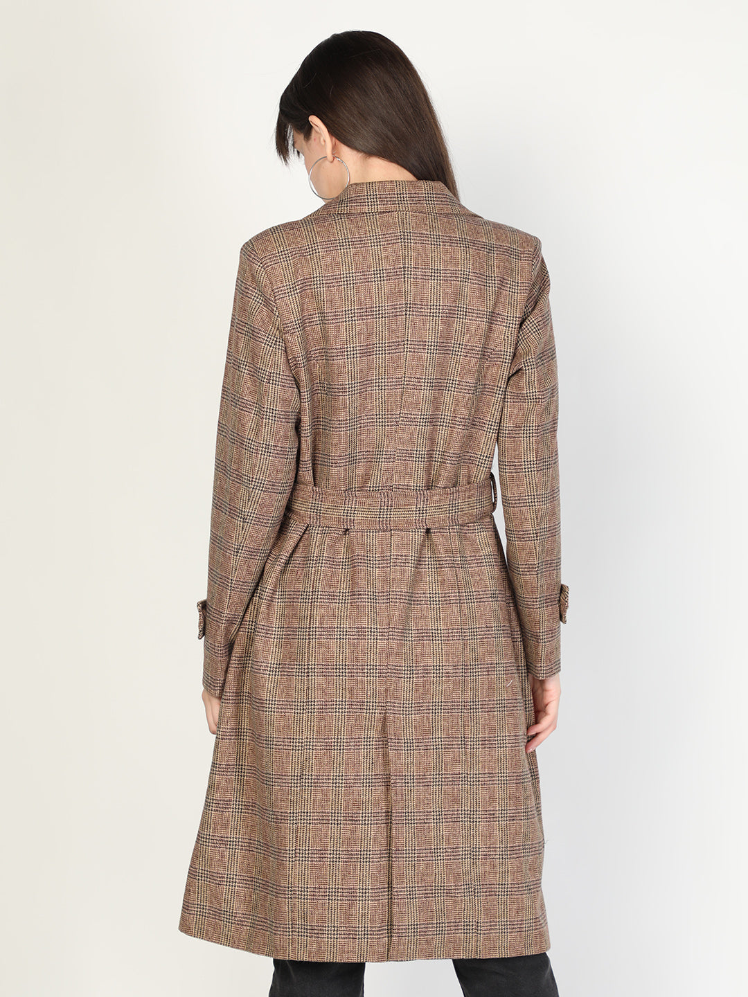 HONNETE Women Brown Checked Printed  OverCoats