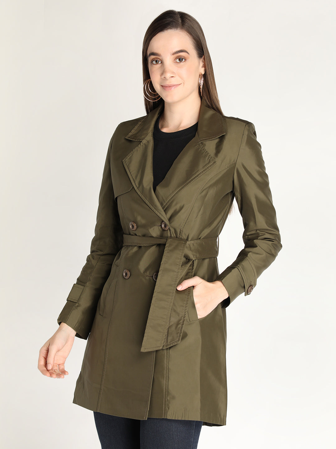 Honnete Stylish, Women Trench Winter Coat With Belt