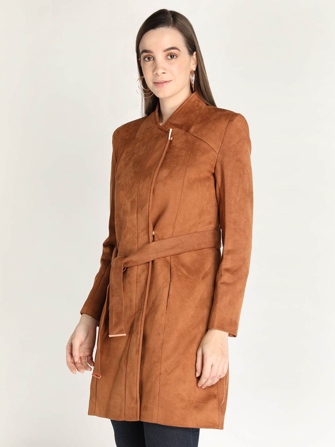 Honnete Stylish, Women Suede Winter Coat With Belt