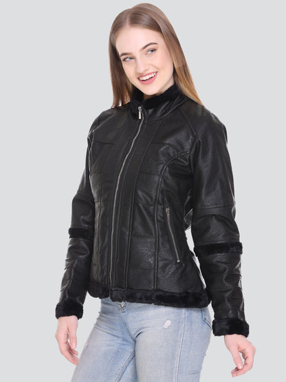 Women Winter Biker Pu Leather Zipper Jacket With Two Pockets With Sherpa Lining