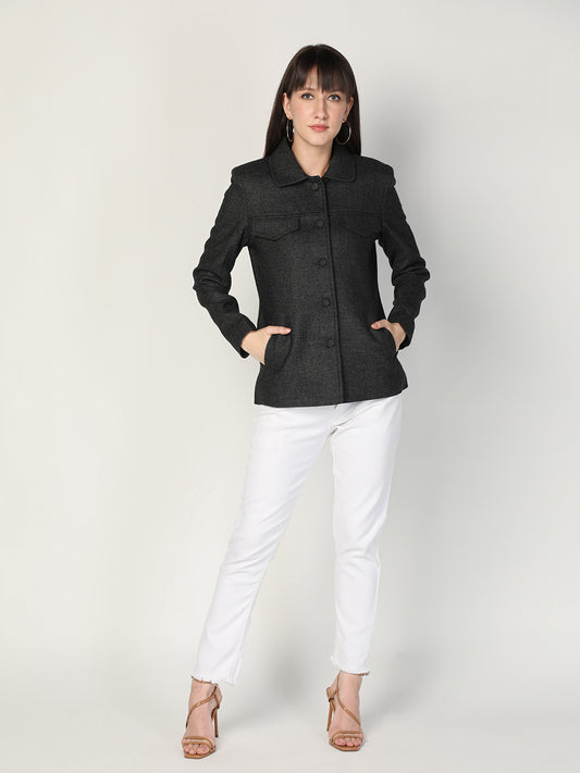 HONNETE Women Dark-Grey Textured Short Trench Coat