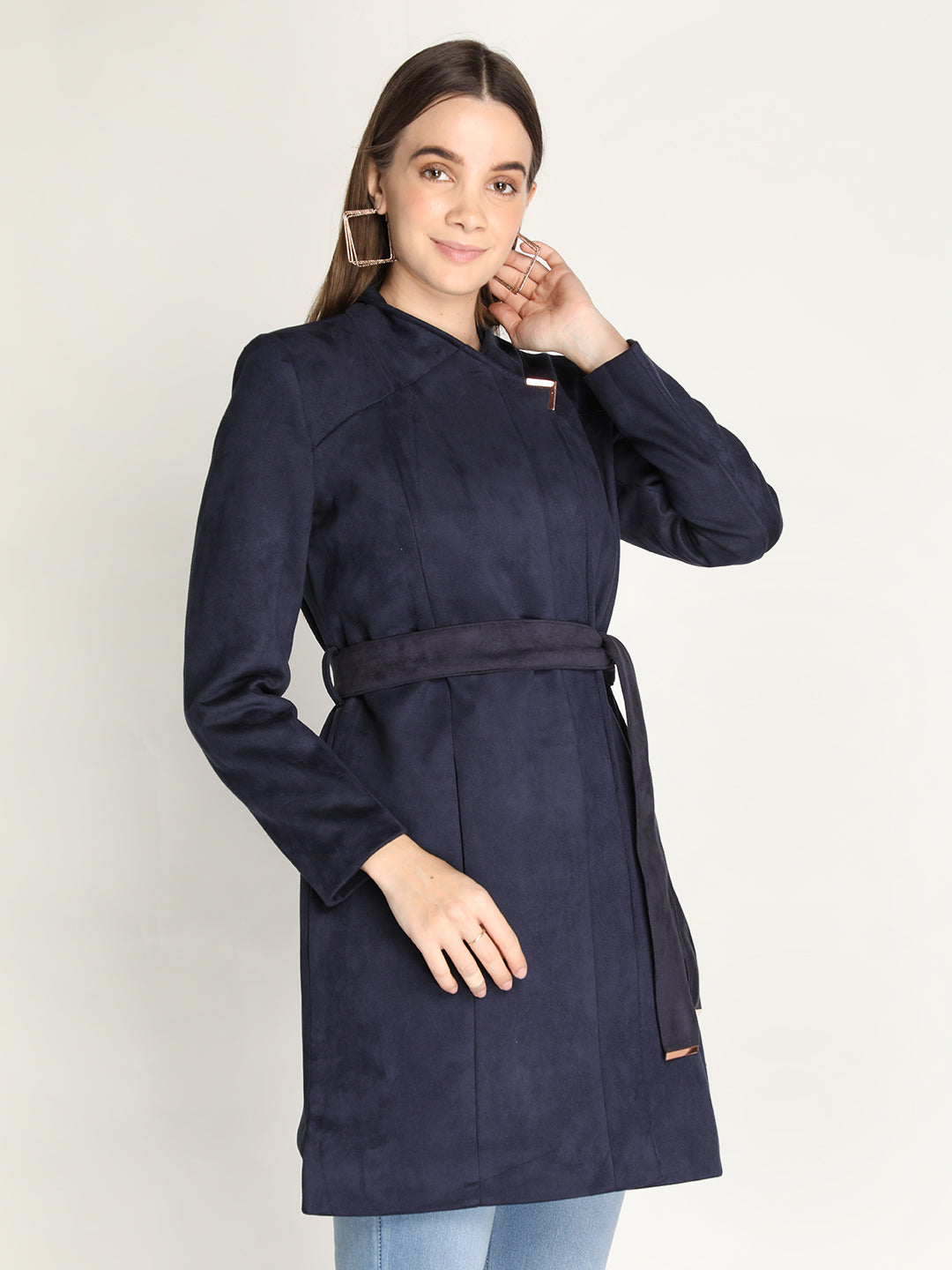 Honnete Stylish, Women Suede Winter Coat With Belt