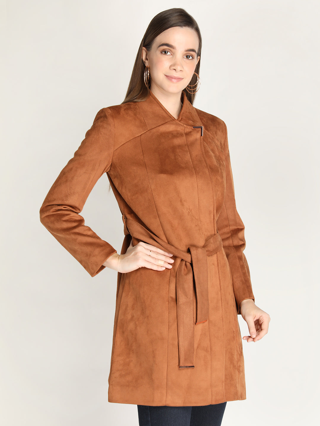 Honnete Stylish, Women Suede Winter Coat With Belt