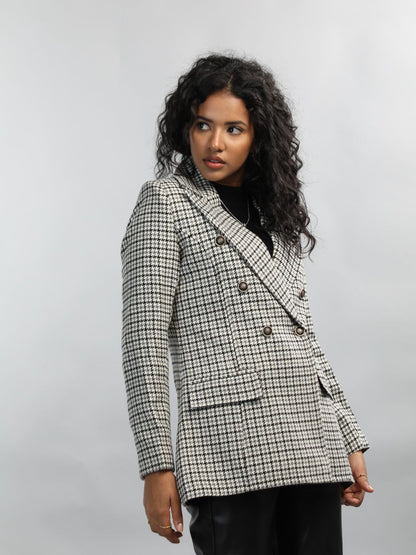 Honnete Winter Black Grey Check Double Breasted Coat for Women