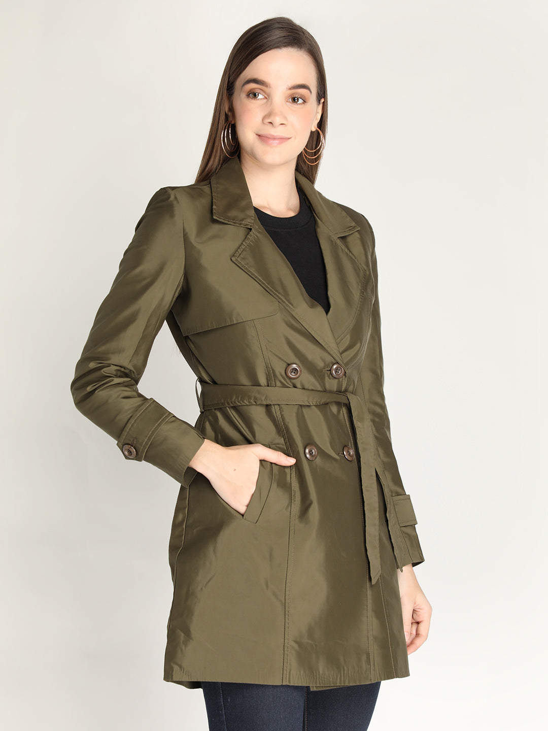 Honnete Stylish, Women Trench Winter Coat With Belt