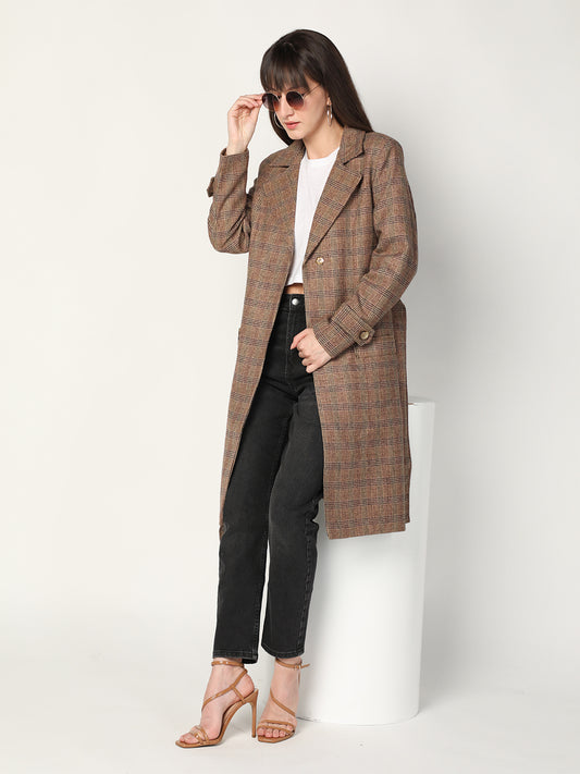 HONNETE Women Brown Checked Printed  OverCoats