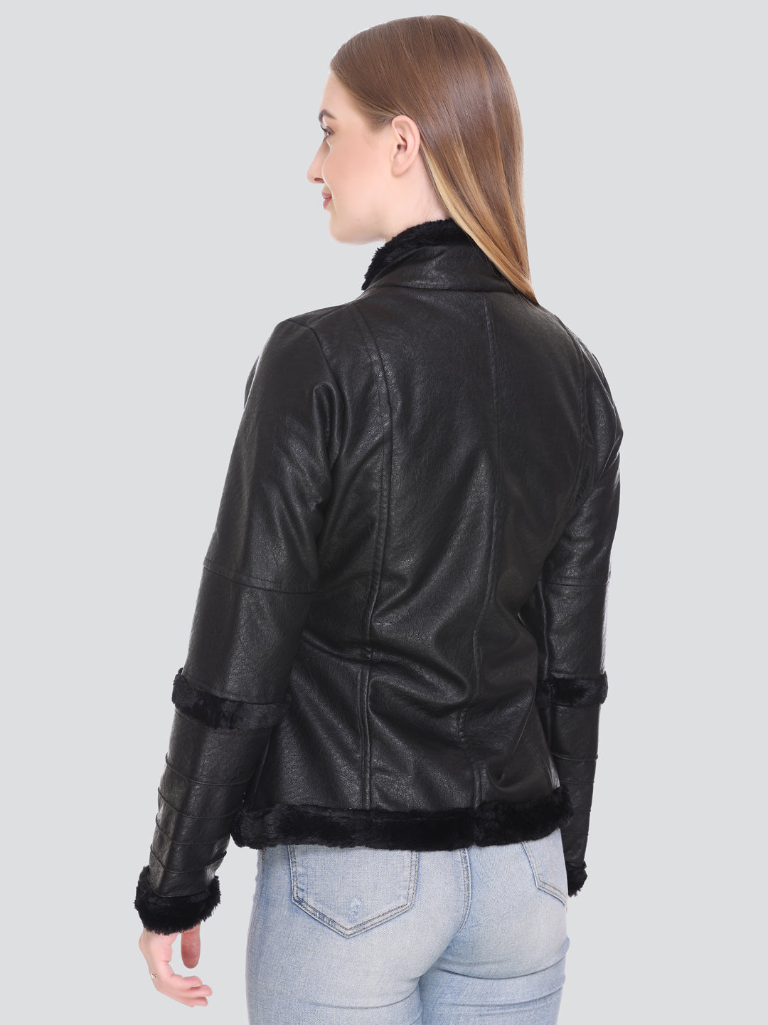 Women Winter Biker Pu Leather Zipper Jacket With Two Pockets With Sherpa Lining