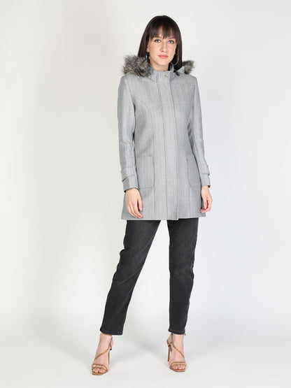 HONNETE Women Grey Self-Design Trench Coat