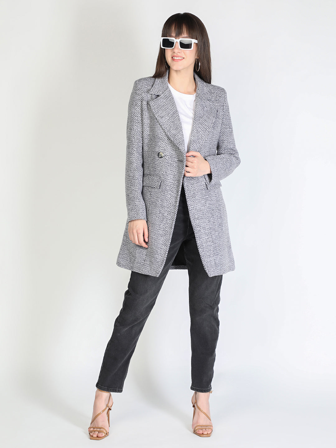 HONNETE Women Grey White Striped Trench Coats