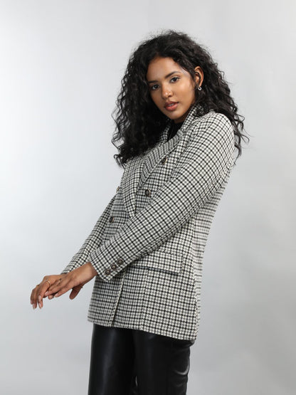 Honnete Winter Black Grey Check Double Breasted Coat for Women