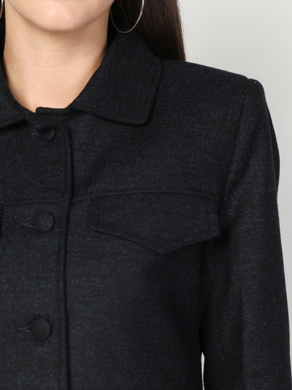 HONNETE Women Navy-Blue Textured Trench Coat