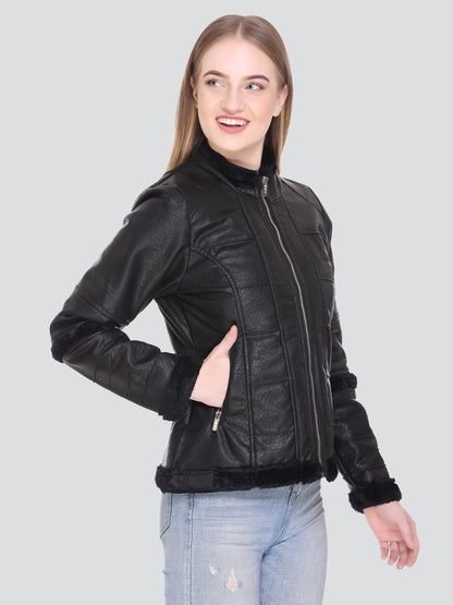 Women Winter Biker Pu Leather Zipper Jacket With Two Pockets With Sherpa Lining