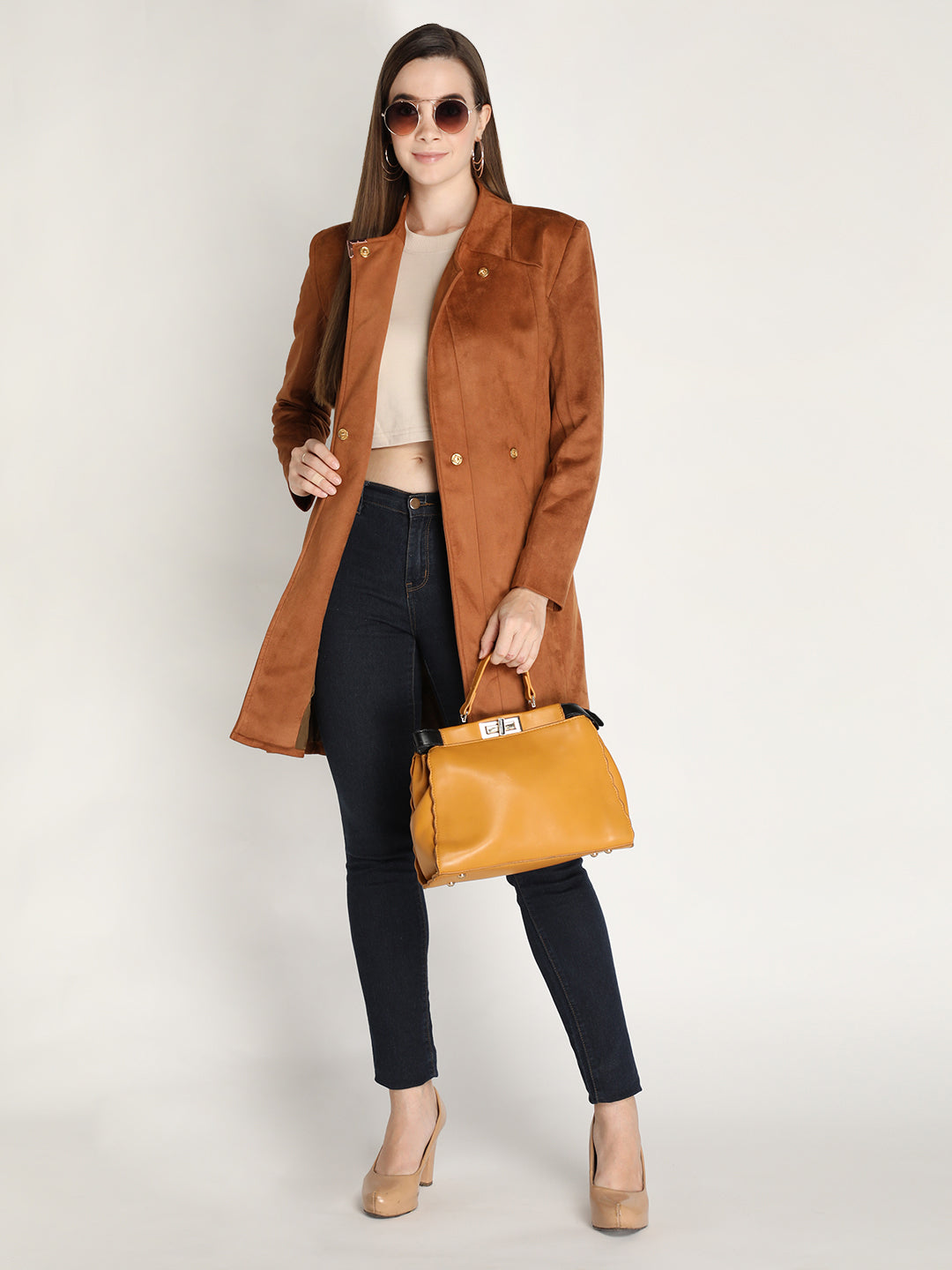 Honnete Stylish, Women Suede Winter Coat With Belt