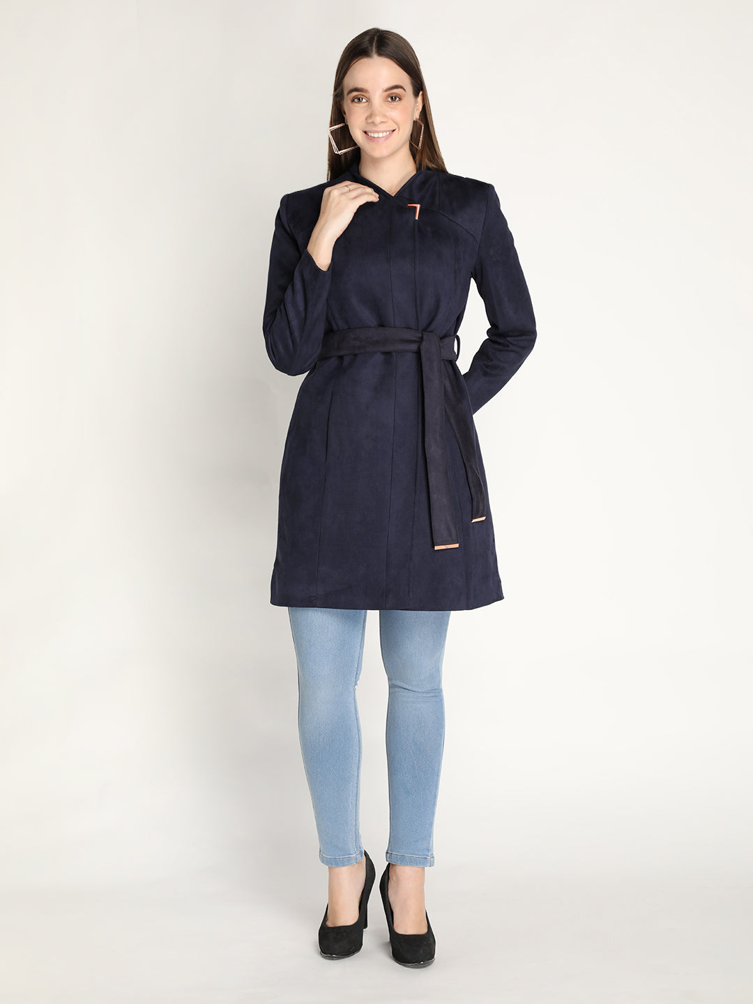 Honnete Stylish, Women Suede Winter Coat With Belt