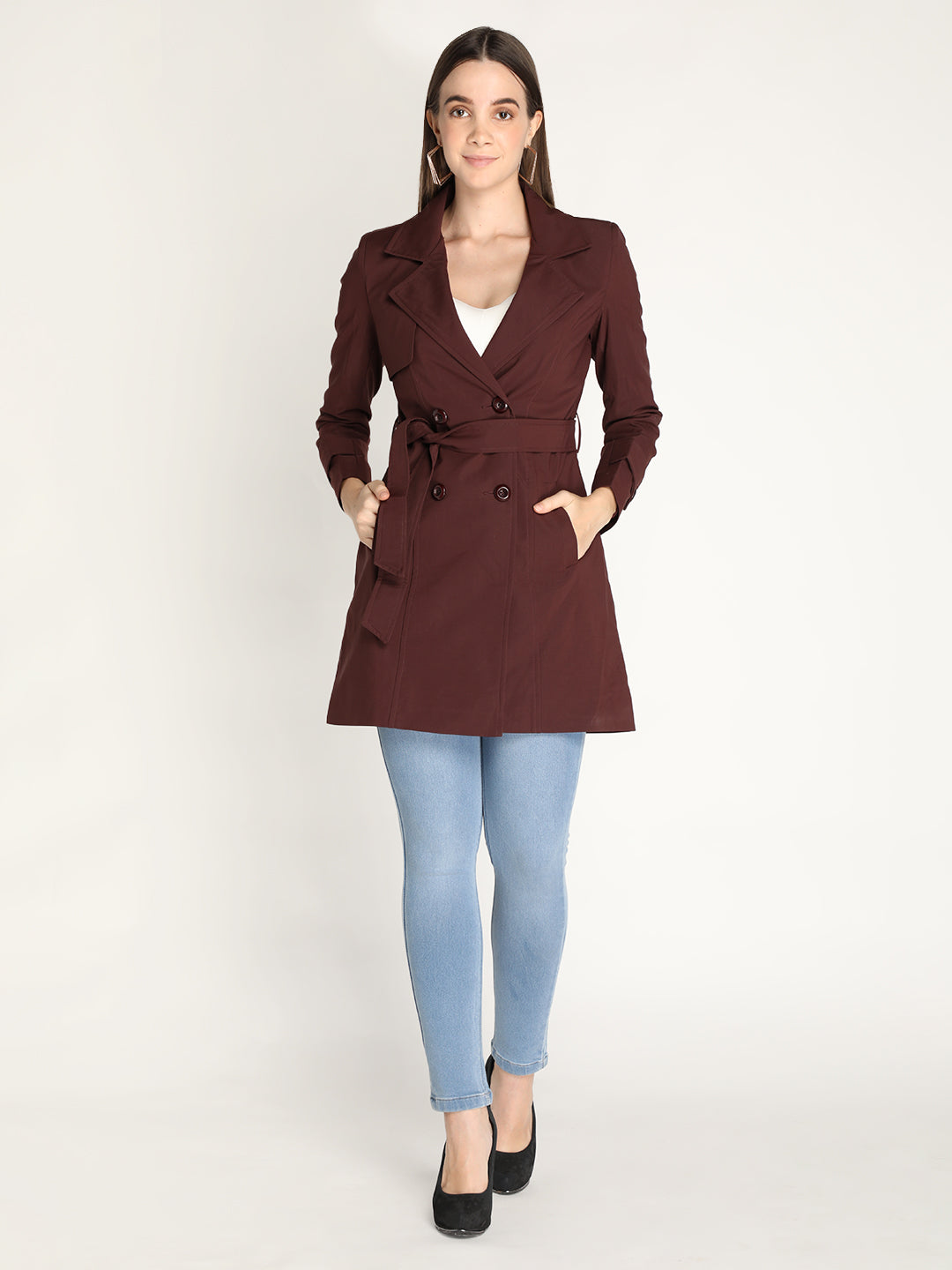 Honnete Stylish, Women Trench Winter Coat With Belt