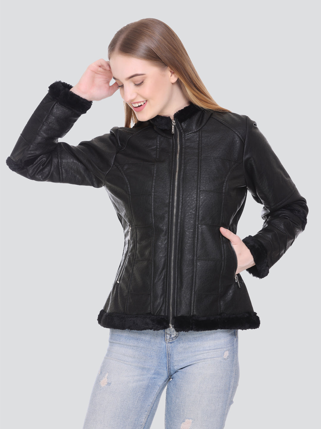 Women Winter Biker Pu Leather Zipper Jacket With Two Pockets With Sherpa Lining