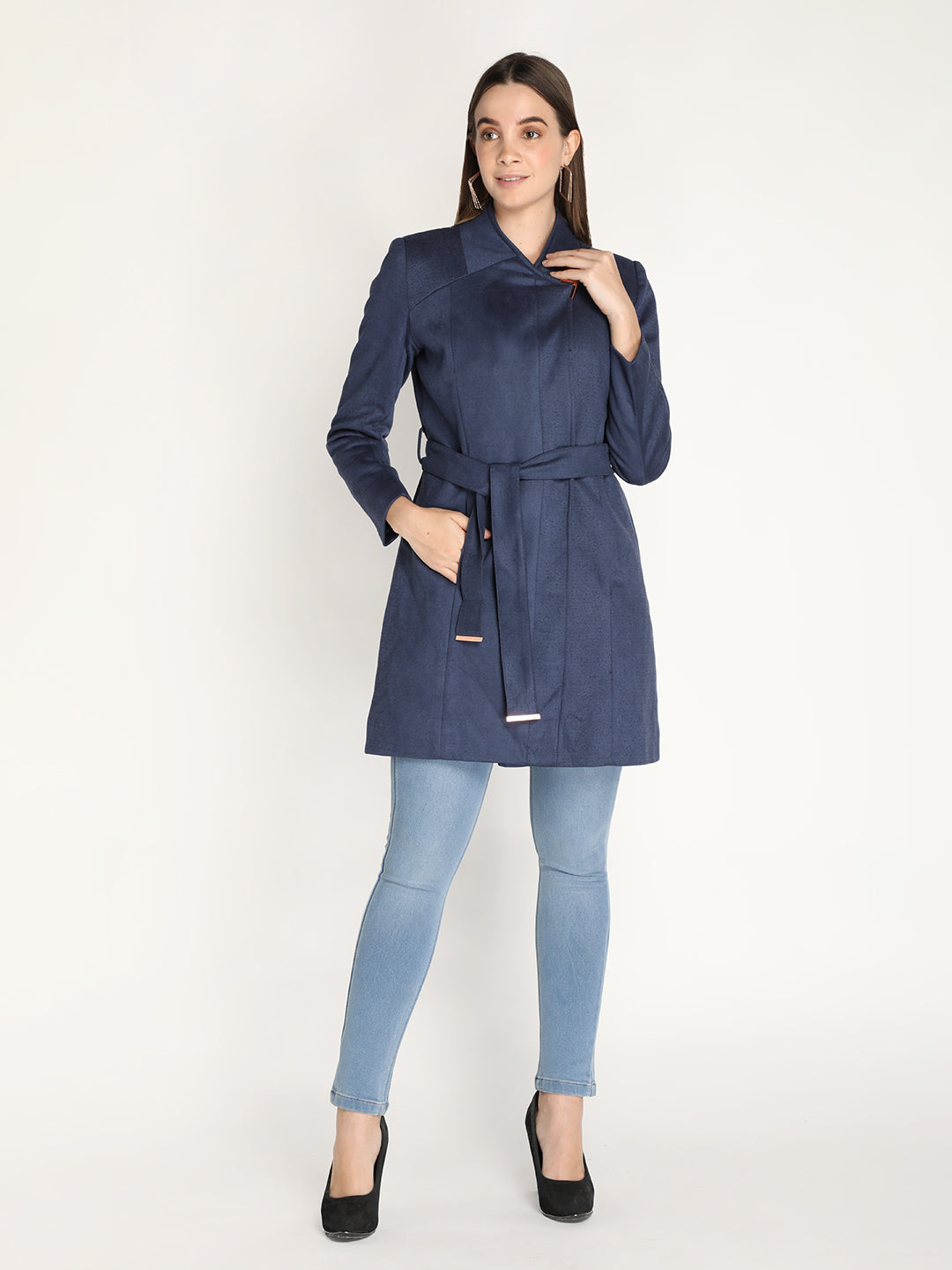 Honnete Stylish, Women Suede Winter Coat With Belt