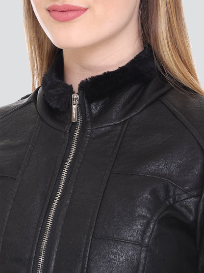 Women Winter Biker Pu Leather Zipper Jacket With Two Pockets With Sherpa Lining