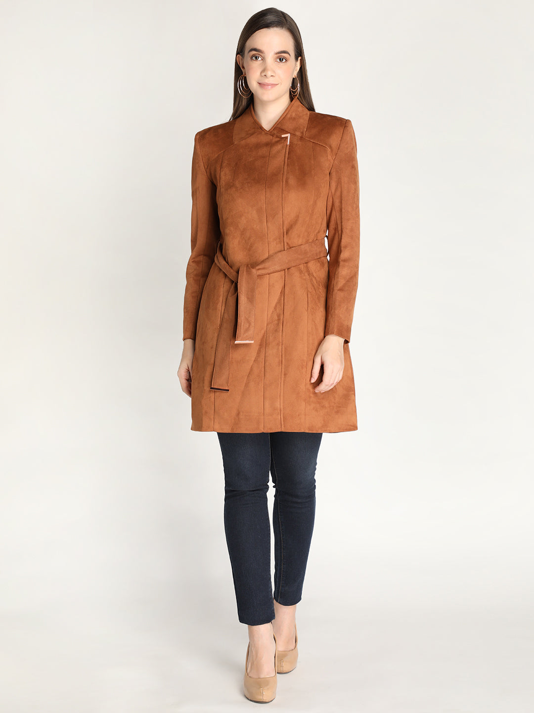 Honnete Stylish, Women Suede Winter Coat With Belt