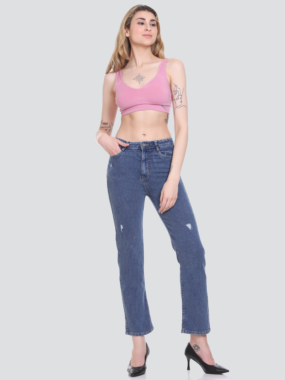 HONNETE Women Lean Mildly Distressed Organic Cotton Cropped Stretchable Jeans