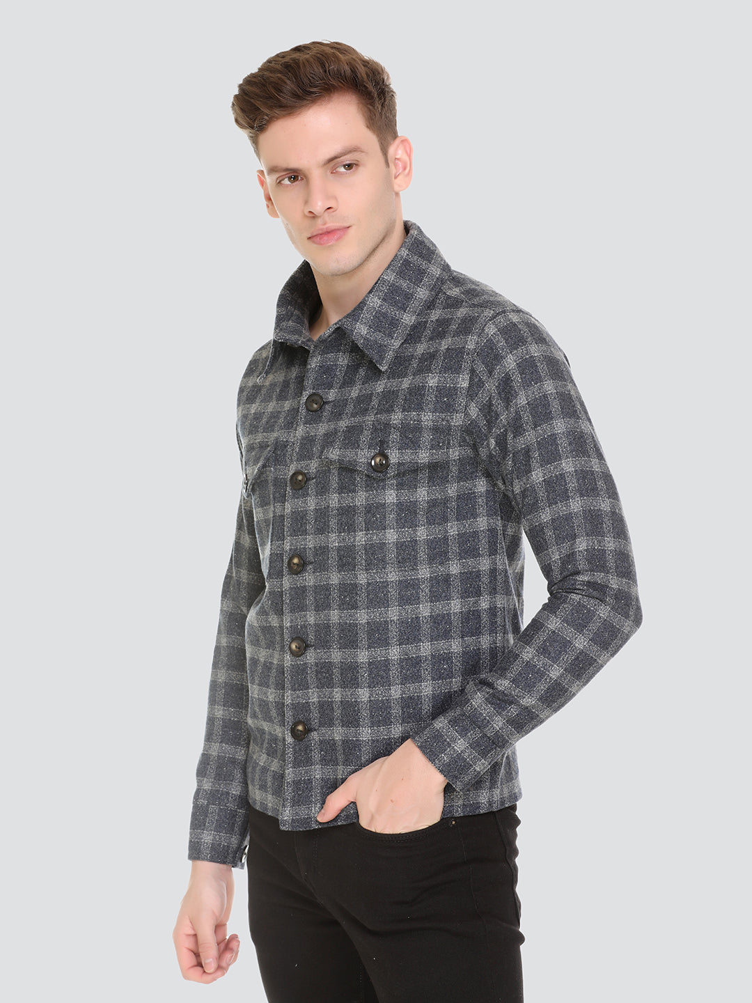 HONNETE Men Blue  Grey Checked Acrylic Lightweight Tailored Jacket