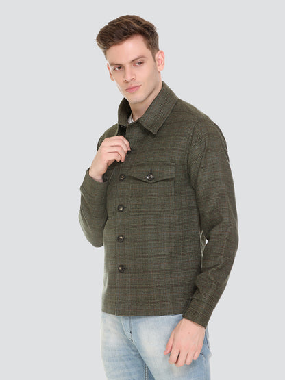 HONNETE Men Green Checked Acrylic Lightweight Outdoor Tailored Jacket