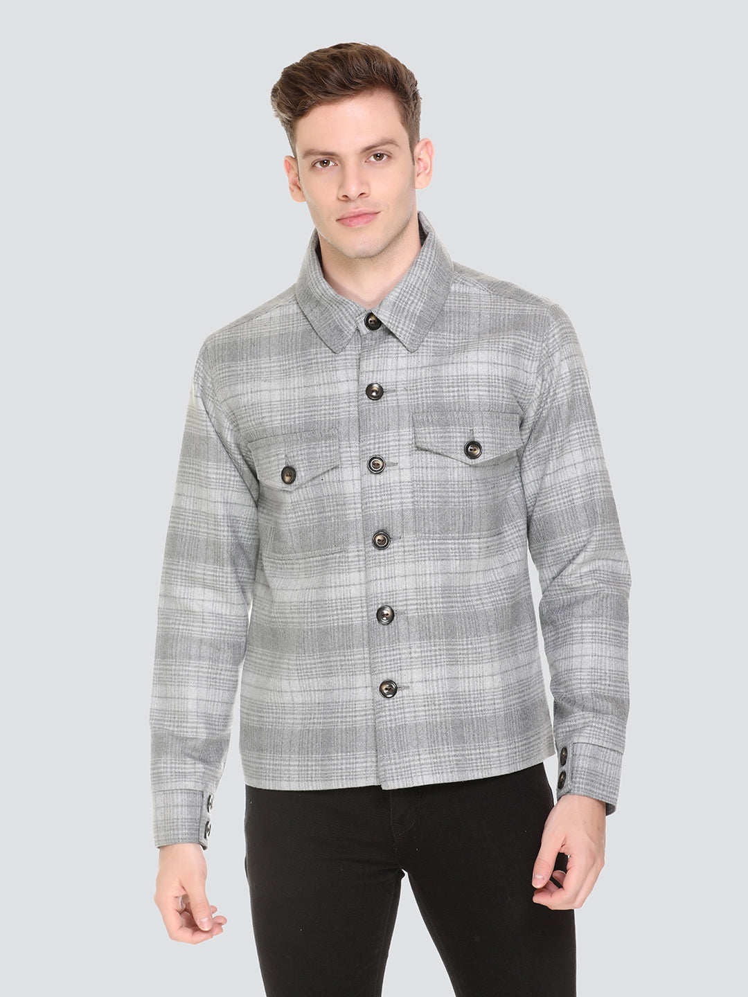 HONNETE Men Grey Checked Acrylic Lightweight Tailored Jacket