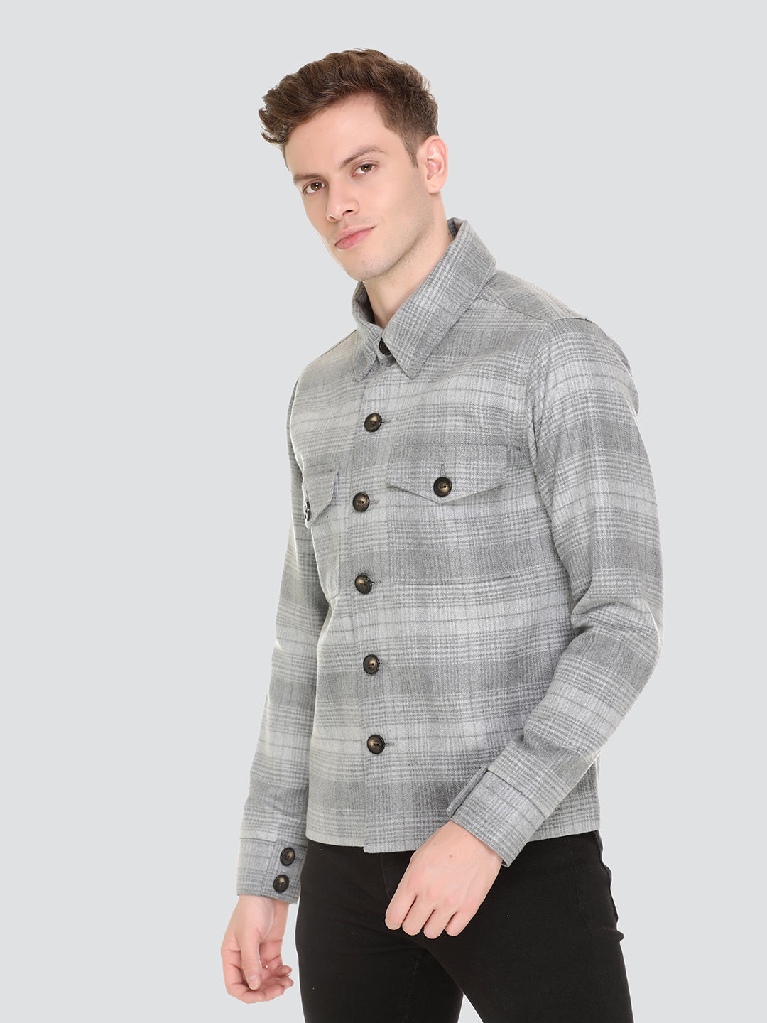 HONNETE Men Grey Checked Acrylic Lightweight Tailored Jacket